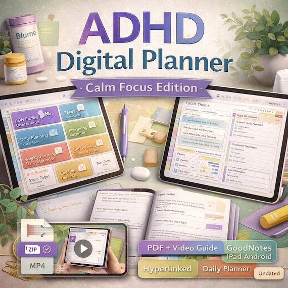 ADHD Digital Planner with Video Guide | Hyperlinked Daily, Executive Function (PDF + MP4)