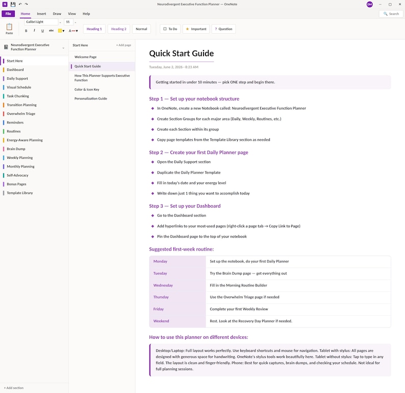 May include: A digital OneNote interface displaying a Neurodivergent Executive Function Planner. The screen shows a Quick Start Guide with steps for notebook structure, daily planner pages, and dashboard setup, plus a suggested first-week routine.