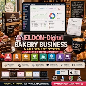 May include: An advertisement for Eldon-Digital Bakery Business Management System. The image features a laptop displaying the software interface, a box of the software, baked goods, and a coffee cup. Text includes "Run Your Bakery Business Like a Pro!" and "Transform Your Bakery Today!"