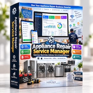 Op de afbeelding: Een softwareproductdoos voor Appliance Repair Service Manager met een dashboardweergave, mobiele schermen en afbeeldingen van huishoudelijke apparaten. De doos bevat tekst zoals Run Your Appliance Repair Business Smarter, Multi-User Work Order, Estimate, Parts & Invoice Software, Windows & Mac, Offline en No Monthly Fee.