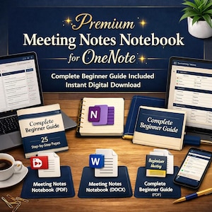 May include: An image promoting a digital meeting notes notebook for OneNote. The image features a laptop, tablet, and smartphone displaying the notebook interface. Also shown are a physical notebook, a beginner's guide, and digital download icons. Text includes "Premium Meeting Notes Notebook for OneNote."