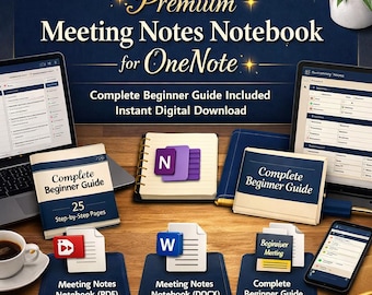 May include: An image promoting a digital meeting notes notebook for OneNote. The image features a laptop, tablet, and smartphone displaying the notebook interface. Also shown are a physical notebook, a beginner's guide, and digital download icons. Text includes "Premium Meeting Notes Notebook for OneNote."