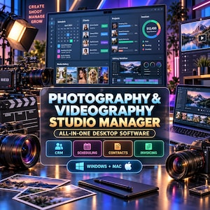 May include: A digital interface for Photography & Videography Studio Manager all-in-one desktop software. The screen displays a dashboard with schedules, client lists, project status, and invoices. It includes icons for CRM, scheduling, contracts, and invoicing, with Windows and Mac compatibility labels.