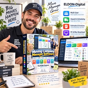 Può includere: Una confezione di software ELDON-Digital Moving Company Manager con schermo di un portatile, una tazza bianca con testo, un blocco note con una lista di controllo e una persona che indossa un berretto con il testo Support Small Movers.