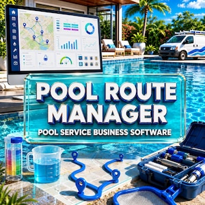 Puede incluir: Un monitor de computadora que muestra un panel con mapas y gráficos, sobre un letrero de vidrio que dice POOL ROUTE MANAGER POOL SERVICE BUSINESS SOFTWARE, con un kit de prueba de agua, una ruta azul y un maletín de herramientas cerca.