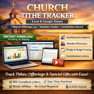 Church Tithe Tracker, Excel Google Sheets, Contribution Log (Instant Download)