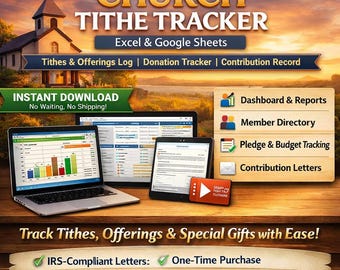 Church Tithe Tracker, Excel Google Sheets, Contribution Log (Instant Download)
