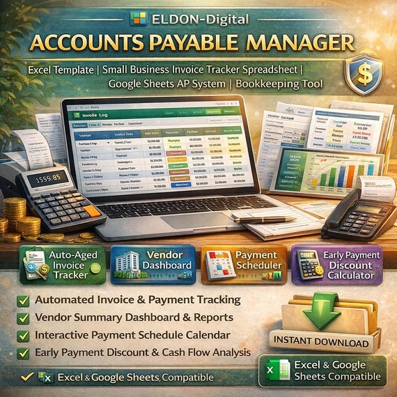 Accounts Payable Manager Excel Template | Small Business Invoice Tracker (Excel, Google Sheets)