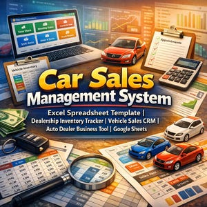 Può includere: Un'illustrazione digitale di un sistema di gestione delle vendite di auto. L'immagine presenta un laptop, auto, una calcolatrice e documenti. Il testo sull'immagine include "Car Sales Management System" e "Excel Spreadsheet Template".