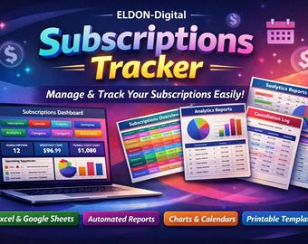 Subscription Tracker | Monthly Budget Planner, Management Log (Excel, Google Sheets)