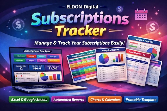 Subscription Tracker | Monthly Budget Planner, Management Log (Excel, Google Sheets)