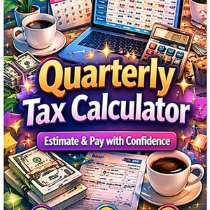 May include: An illustration featuring a laptop displaying a tax form, a calculator, and stacks of cash. The text "Quarterly Tax Calculator" is prominently displayed, along with "Estimate & Pay with Confidence". Coffee cups and a calendar are also visible.