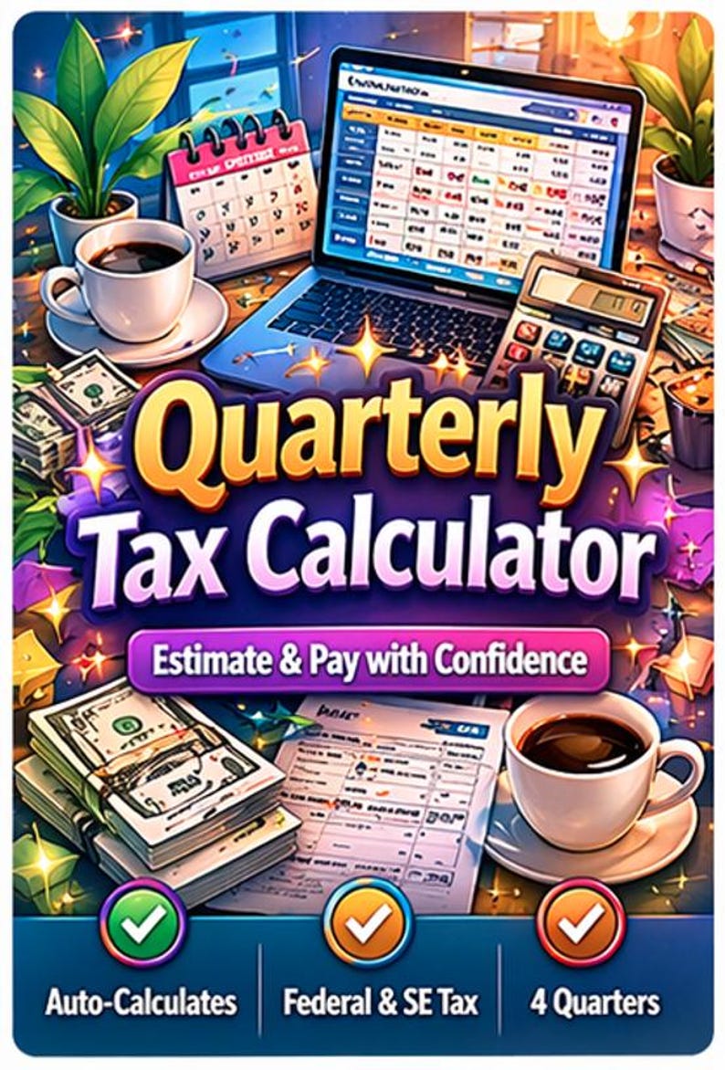 May include: An illustration featuring a laptop displaying a tax form, a calculator, and stacks of cash. The text "Quarterly Tax Calculator" is prominently displayed, along with "Estimate & Pay with Confidence". Coffee cups and a calendar are also visible.