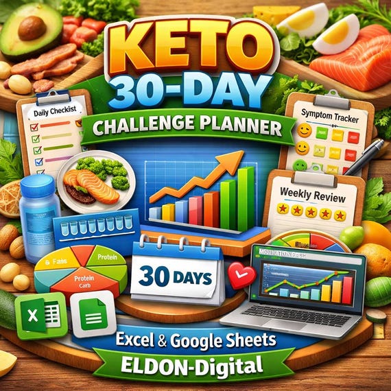Keto 30-Day Challenge Planner | Daily Checklist, Meal Plan, Symptom Tracker (Excel, Google Sheets)