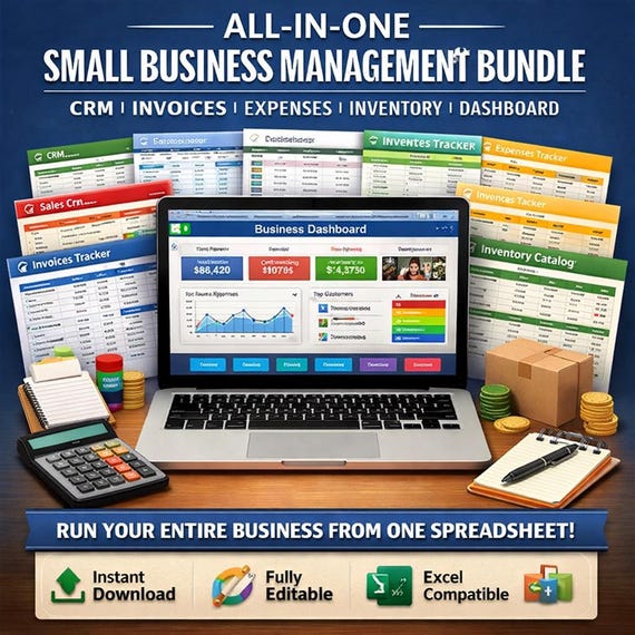 Small Business Management Bundle | CRM, Invoices, Expenses, Inventory Dashboard (Instant Download)
