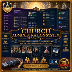 May include: A digital interface for a church administration system, featuring member directories, family management, and visitor tracking. The interface includes a USB drive and icons for Windows and macOS.