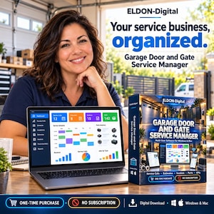 May include: A laptop displaying the ELDON-Digital Garage Door and Gate Service Manager dashboard, featuring colorful charts and schedules. Next to it is a product box with the same software title, emphasizing one-time purchase and no subscription.