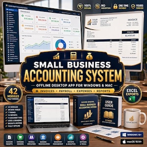 Puede incluir: Imagen promocional de un sistema de contabilidad para pequeñas empresas. La imagen presenta dos monitores de ordenador que muestran un panel de control y una factura, un portátil, un libro, una taza y una caja de software. El texto dice "Small Business Accounting System".