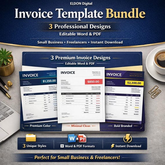 Invoice Template Bundle | 3 Professional Designs | Editable Word & PDF | Small Business, Freelancer Invoice | Instant Download