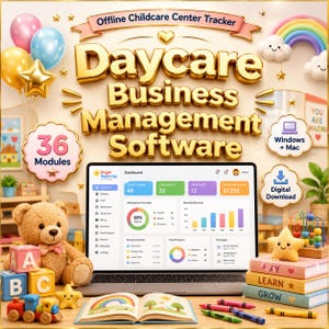 May include: A promotional image for daycare business management software. The image features a laptop displaying a dashboard, surrounded by children's toys, books, and balloons. Text includes "Daycare Business Management Software" and "36 Modules."