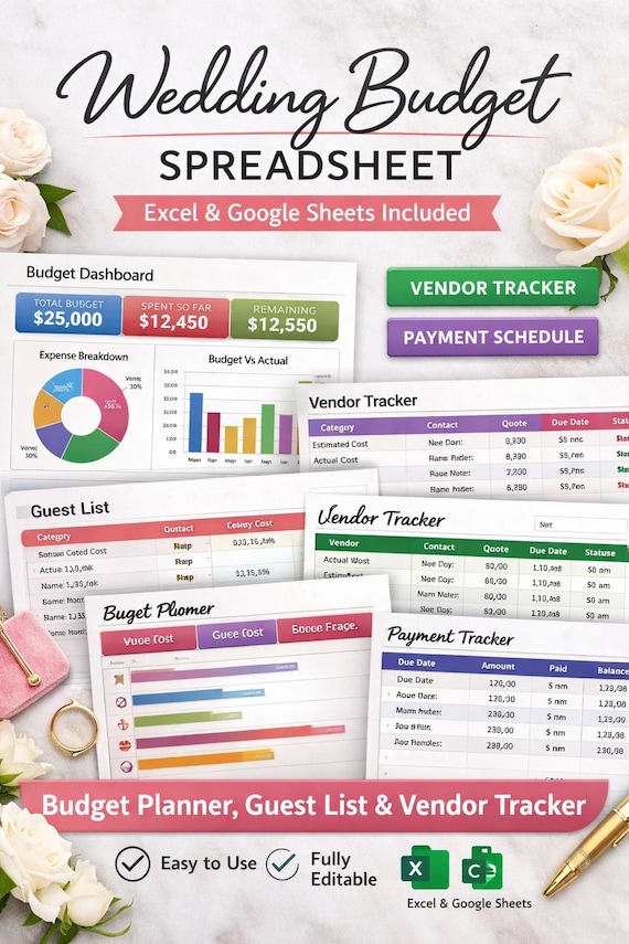 Wedding Budget Spreadsheet, Planner, Guest List, Vendor Tracker (Excel/Google Sheets)