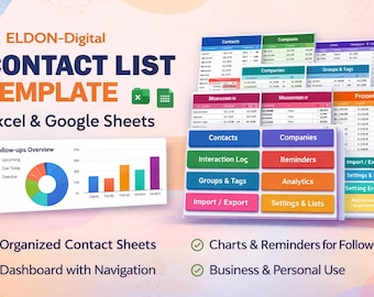 Plantilla de lista de contactos, organizador empresarial, hojas de cálculo de Excel y Google (descarga digital)