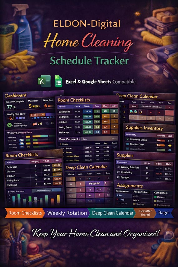Home Cleaning Schedule Tracker, Excel Google Sheets Planner (Digital Download)