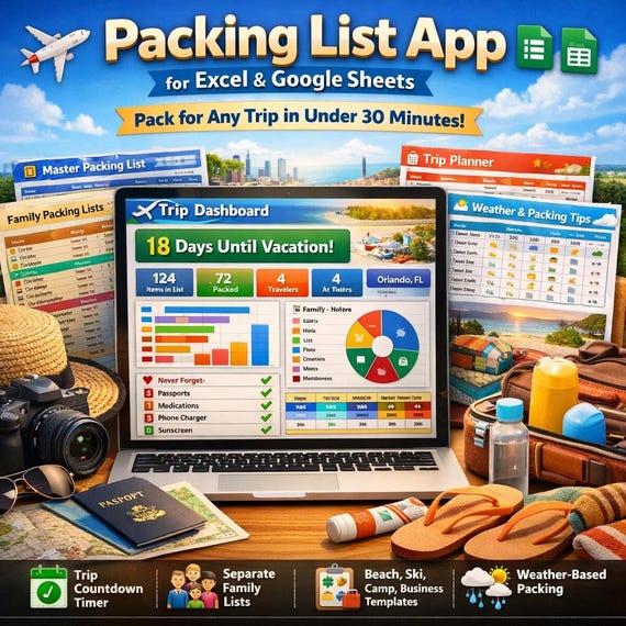 Travel Packing List Spreadsheet | Excel, Google Sheets Trip Planner (Digital Download)