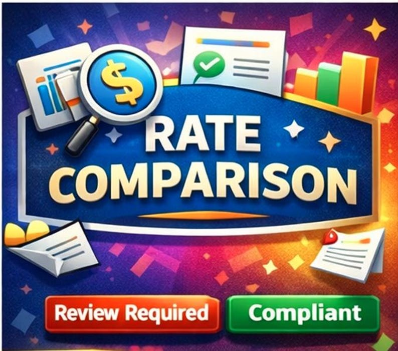 May include: A digital illustration with the words "RATE COMPARISON" in large, bold letters. The image features a magnifying glass over a dollar sign, charts, and buttons labeled "Review Required" and "Compliant."