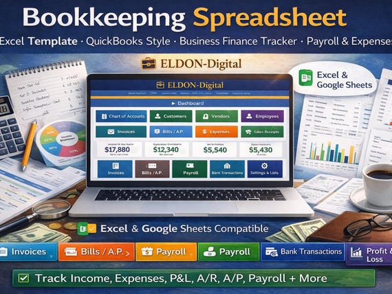 Advanced Business Bookkeeping Bundle, Finance Tracker, Payroll, Invoices, and more