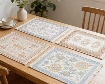 Boho Floral Placemat with Tassels, Vintage Cottagecore Table Mat, Soft Neutral Dining Decor, Farmhouse Table Setting