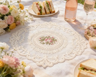 Embroidered Floral Lace Oval Doily, Vintage Romantic Wedding Table Decor, French Country Style Doily, Elegant Tea Party & Picnic Table Decor
