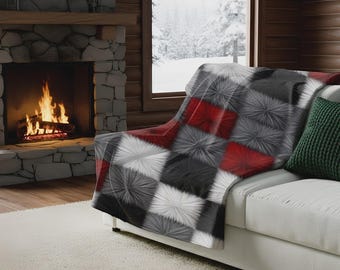 Manta de forro polar Sherpa con estampado de cuadros llamativos, diseño geométrico moderno en rojo, blanco, negro y gris, acogedora manta texturizada para decoración del hogar.