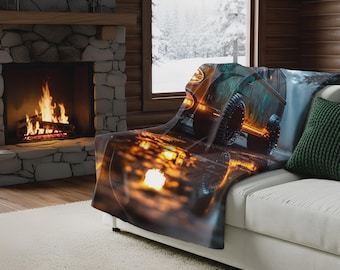 Sherpa Fleece Blanket Vintage VW Bus Misty Forest Art Cozy Adventure Throw | Nostalgic Travel Decor Van Life Gift Idea Warm Plush, Road