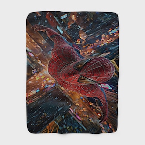 Sherpa Fleece Blanket featuring Dynamic Spider-Man in Vibrant Cityscape, Cozy Marvel Fan Gift, Superhero Action Throw for Home Decor image 2