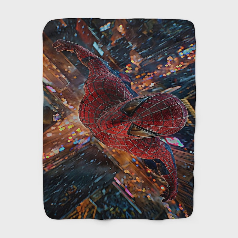 Sherpa Fleece Blanket featuring Dynamic Spider-Man in Vibrant Cityscape, Cozy Marvel Fan Gift, Superhero Action Throw for Home Decor image 2