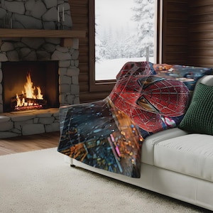Sherpa Fleece Blanket featuring Dynamic Spider-Man in Vibrant Cityscape, Cozy Marvel Fan Gift, Superhero Action Throw for Home Decor image 1