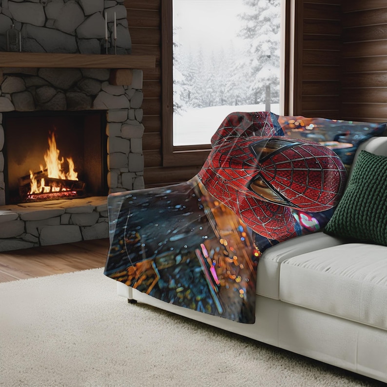 Sherpa Fleece Blanket featuring Dynamic Spider-Man in Vibrant Cityscape, Cozy Marvel Fan Gift, Superhero Action Throw for Home Decor image 1