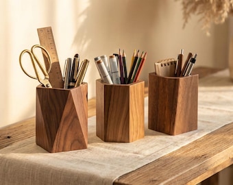 Geometric Black Walnut Pen Holder | Minimalist Solid Wood Desk Organizer | Modern Wooden Pencil Cup | Aesthetic Office Desktop Decor