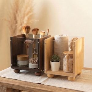 Wooden Makeup Organizer with Smoked Acrylic - Luxury Vanity Storage for Brushes, Skincare & Perfume - Aesthetic Bathroom Countertop Decor