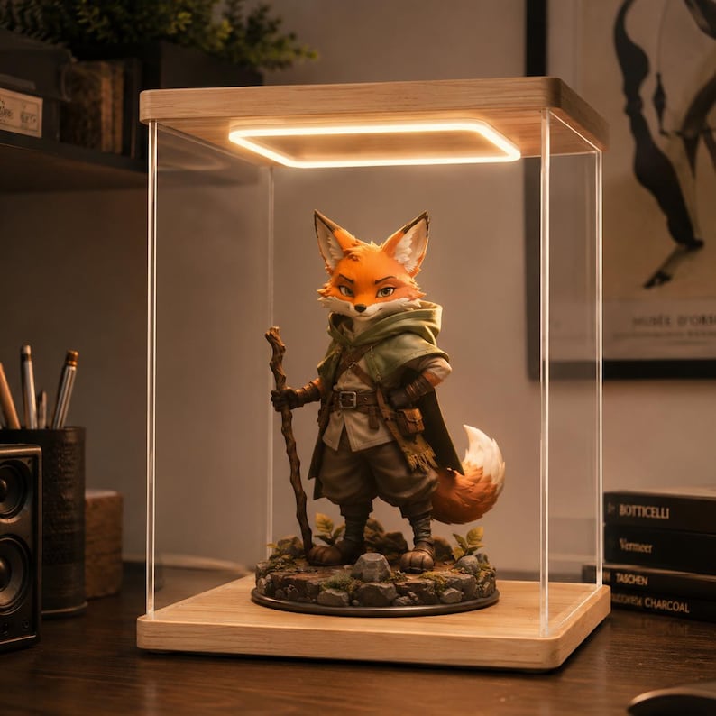 May include: A fox figurine standing on a rocky base inside a clear acrylic display case with a light wood base and top. The fox wears a green hooded cloak, a brown tunic, and holds a wooden staff. A square LED light is integrated into the top.