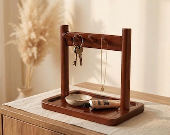 Solid Wood Entryway Organizer - Walnut Key Holder for Tabletop - Minimalist Jewelry Stand & Valet Tray - Aesthetic Home Decor Gift