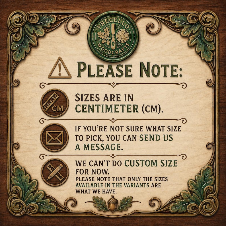 May include: A square informational sign with a wood-grain background and ornate leaf corners. It features the Precello Woodcrafts logo and text: Please Note: Sizes are in centimeter (cm). If you're not sure what size to pick, you can send us a message. We can't do custom size for now. Please note that only the sizes available in the variants are what we have.
