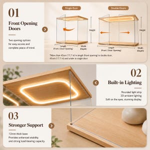 May include: A clear display case with a light-colored wooden base and top, featuring built-in rounded LED lighting. The design includes options for a single door or double doors, with a 12mm thick base for stability and labeled dimensions for length, width, and height.