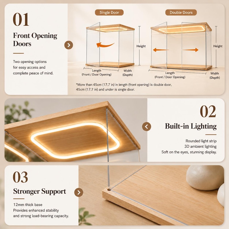 May include: A clear display case with a light-colored wooden base and top, featuring built-in rounded LED lighting. The design includes options for a single door or double doors, with a 12mm thick base for stability and labeled dimensions for length, width, and height.