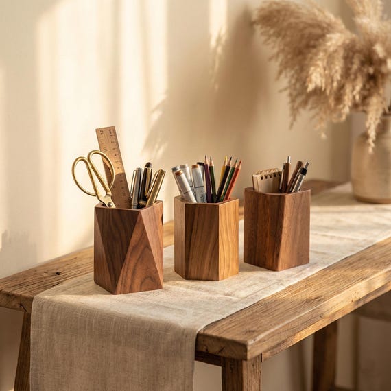 Geometric Black Walnut Pen Holder | Minimalist Solid Wood Desk Organizer | Modern Wooden Pencil Cup | Aesthetic Office Desktop Decor