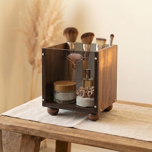 Wooden Makeup Organizer with Smoked Acrylic - Luxury Vanity Storage for Brushes, Skincare & Perfume - Aesthetic Bathroom Countertop Decor