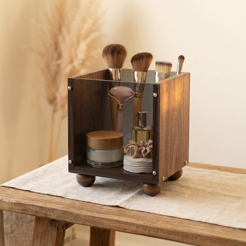 Wooden Makeup Organizer with Smoked Acrylic - Luxury Vanity Storage for Brushes, Skincare & Perfume - Aesthetic Bathroom Countertop Decor