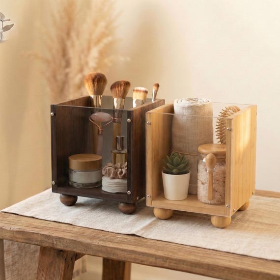 Wooden Makeup Organizer with Smoked Acrylic - Luxury Vanity Storage for Brushes, Skincare & Perfume - Aesthetic Bathroom Countertop Decor