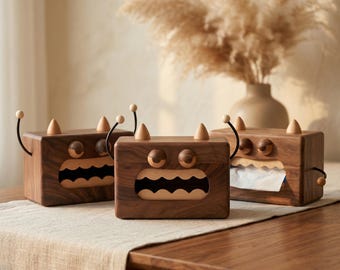 Funda para caja de pañuelos con forma de monstruo en madera de nogal - Servilletero de madera único para la sala de estar - Decoración de escritorio original - Regalo artesanal para la oficina y el hogar